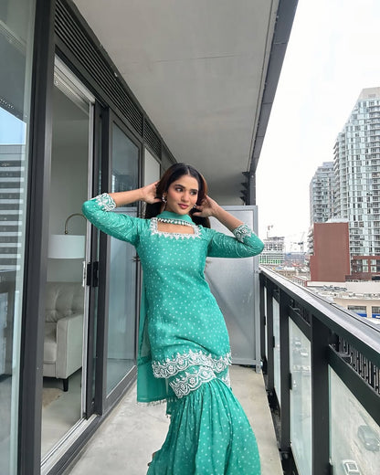 Teal Green Georgette Sharara Suit with Thread Embroidery