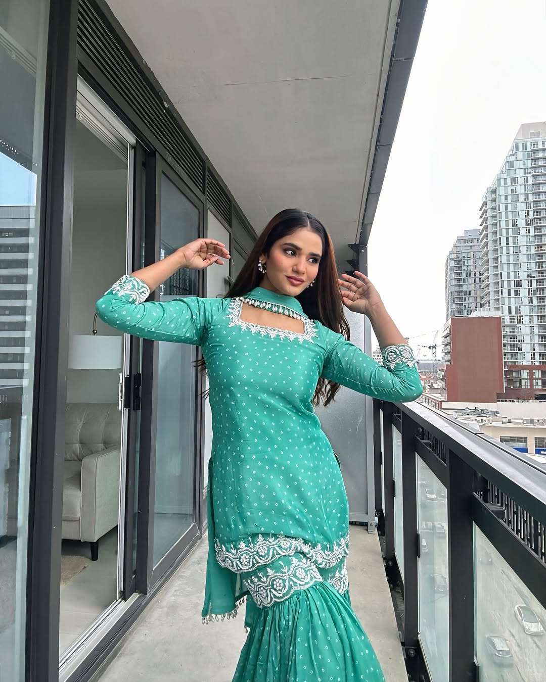 Teal Green Georgette Sharara Suit with Thread Embroidery