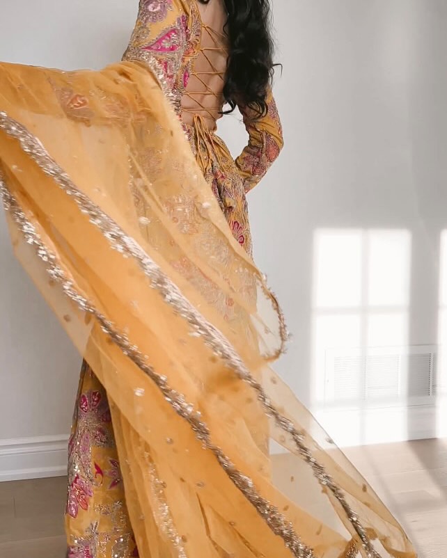 Anaya Mustard Yellow Silk Blend Embroidered Sharara Set