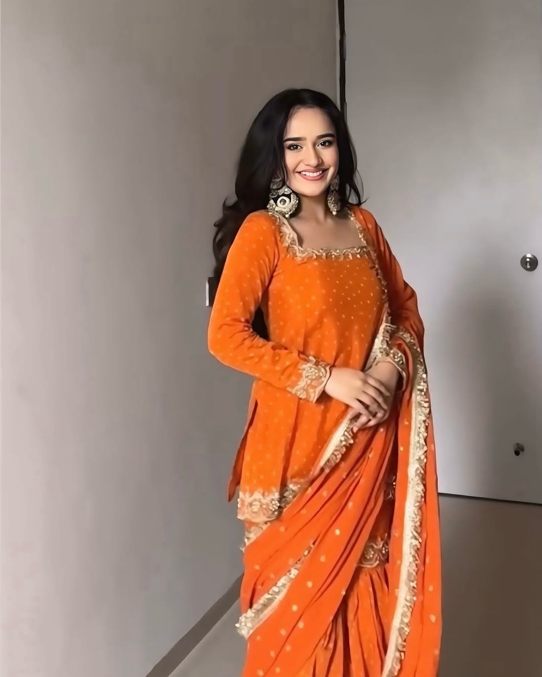 Bright Orange Georgette Sharara Suit with Golden Embroidery