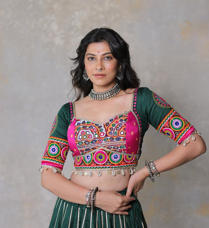 Rangmohini Emerald Green Kutchi Mirror Work Lehenga Set