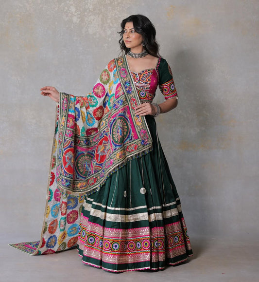 Rangmohini Emerald Green Kutchi Mirror Work Lehenga Set