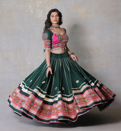 Rangmohini Emerald Green Kutchi Mirror Work Lehenga Set
