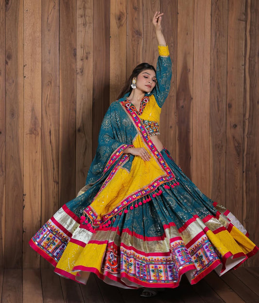Meera – Teal & Mustard Traditional Mirror Work Navratri Lehenga Set