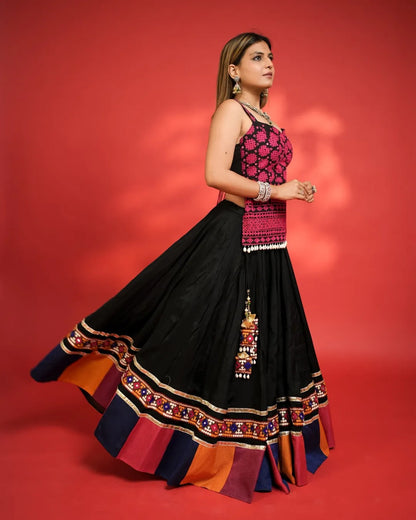 Anvi Black Cotton Silk Kutchi Embroidered Navratri Lehenga set
