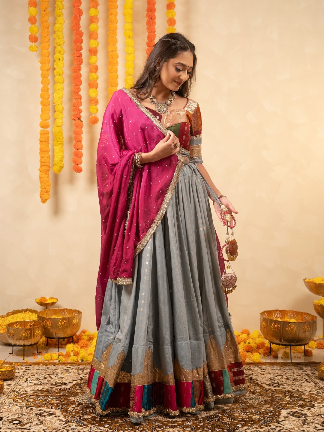 Kavya Grey Celebration Multicolor Border Lehenga choli