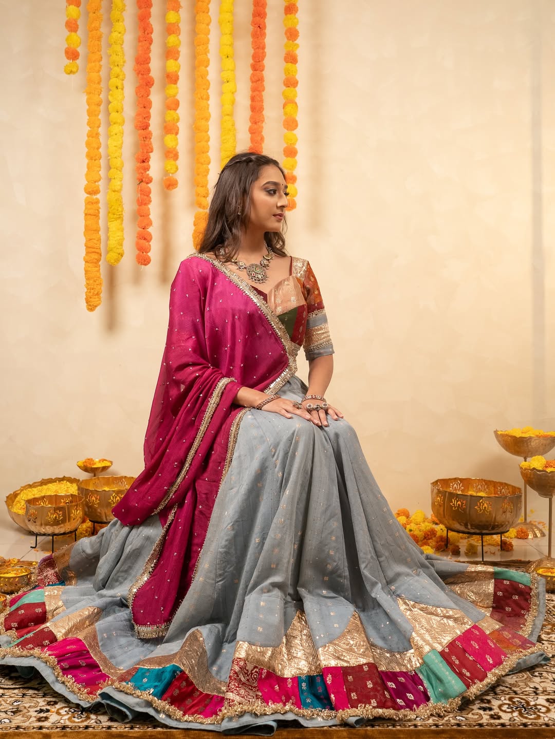 Kavya Grey Celebration Multicolor Border Lehenga choli