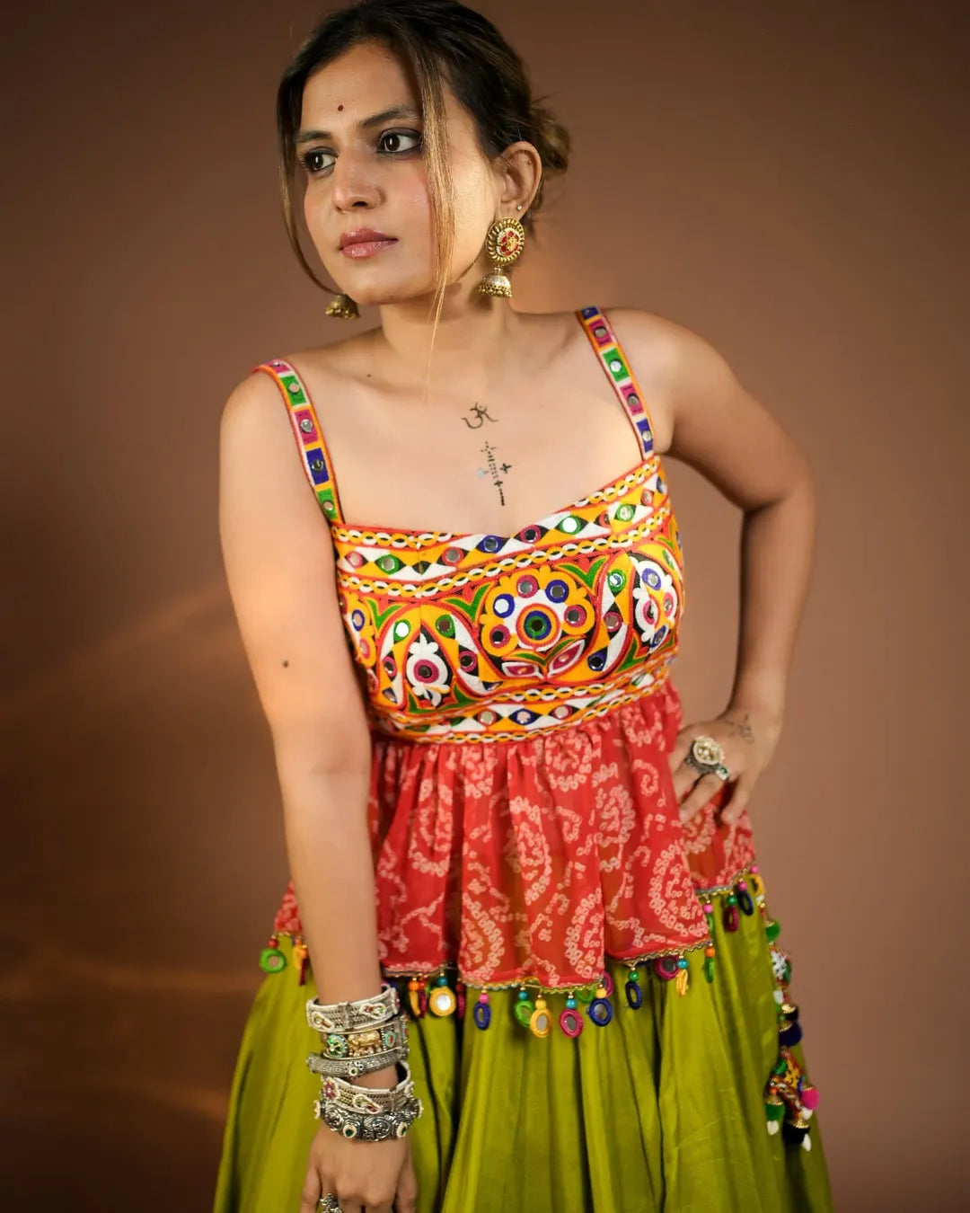 Navya’s Vibrant Lime Green Kutchi Mirror-Work Navratri Lehenga set