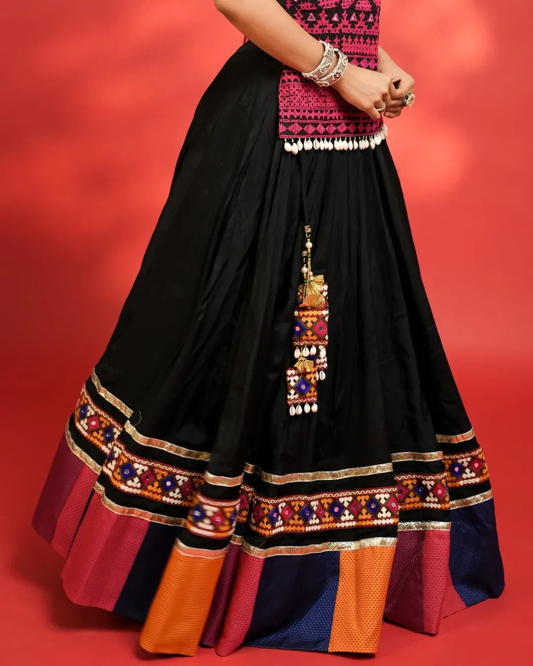 Anvi Black Cotton Silk Kutchi Embroidered Navratri Lehenga set