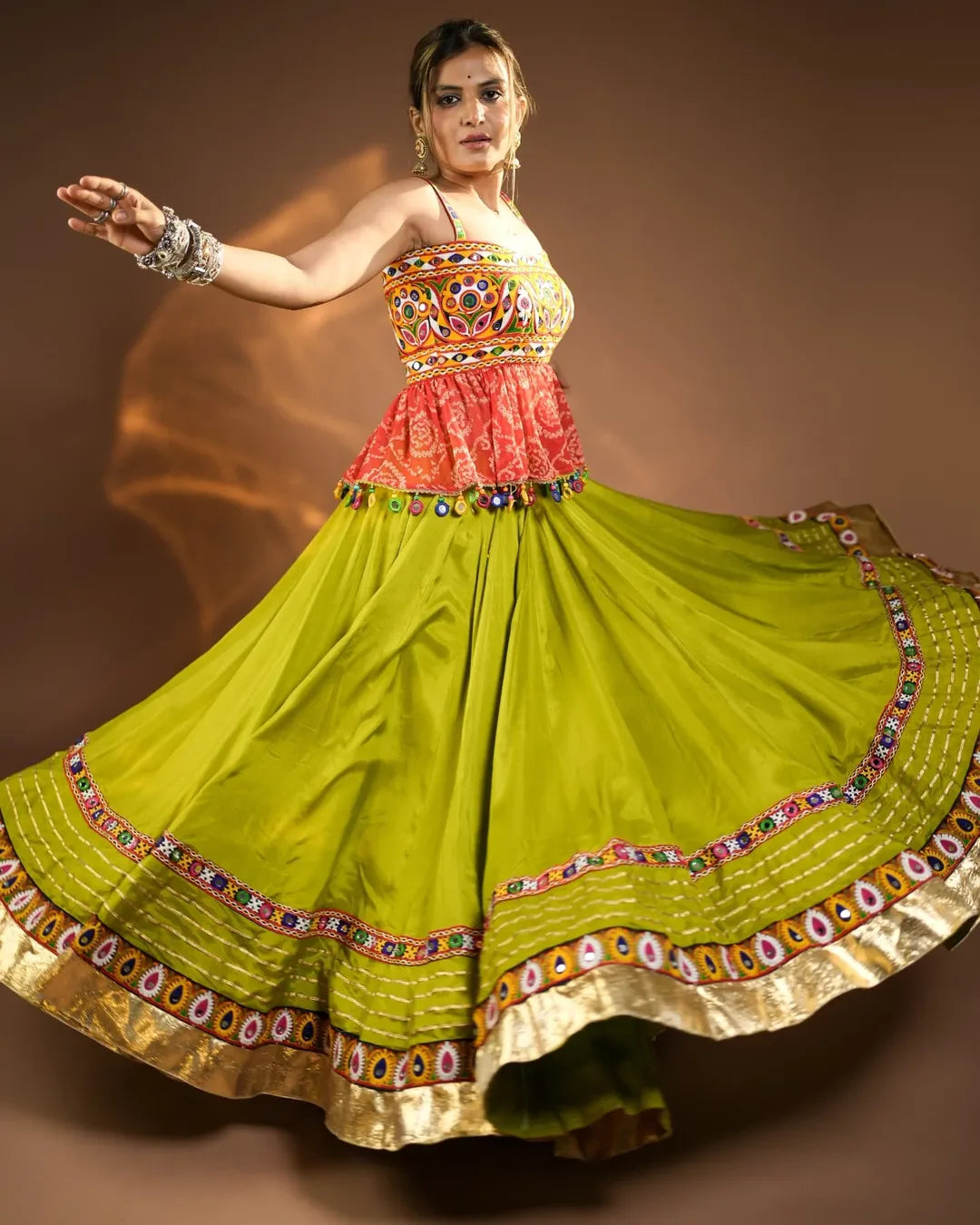 Navya’s Vibrant Lime Green Kutchi Mirror-Work Navratri Lehenga set