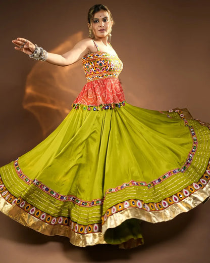 Navya’s Vibrant Lime Green Kutchi Mirror-Work Navratri Lehenga set