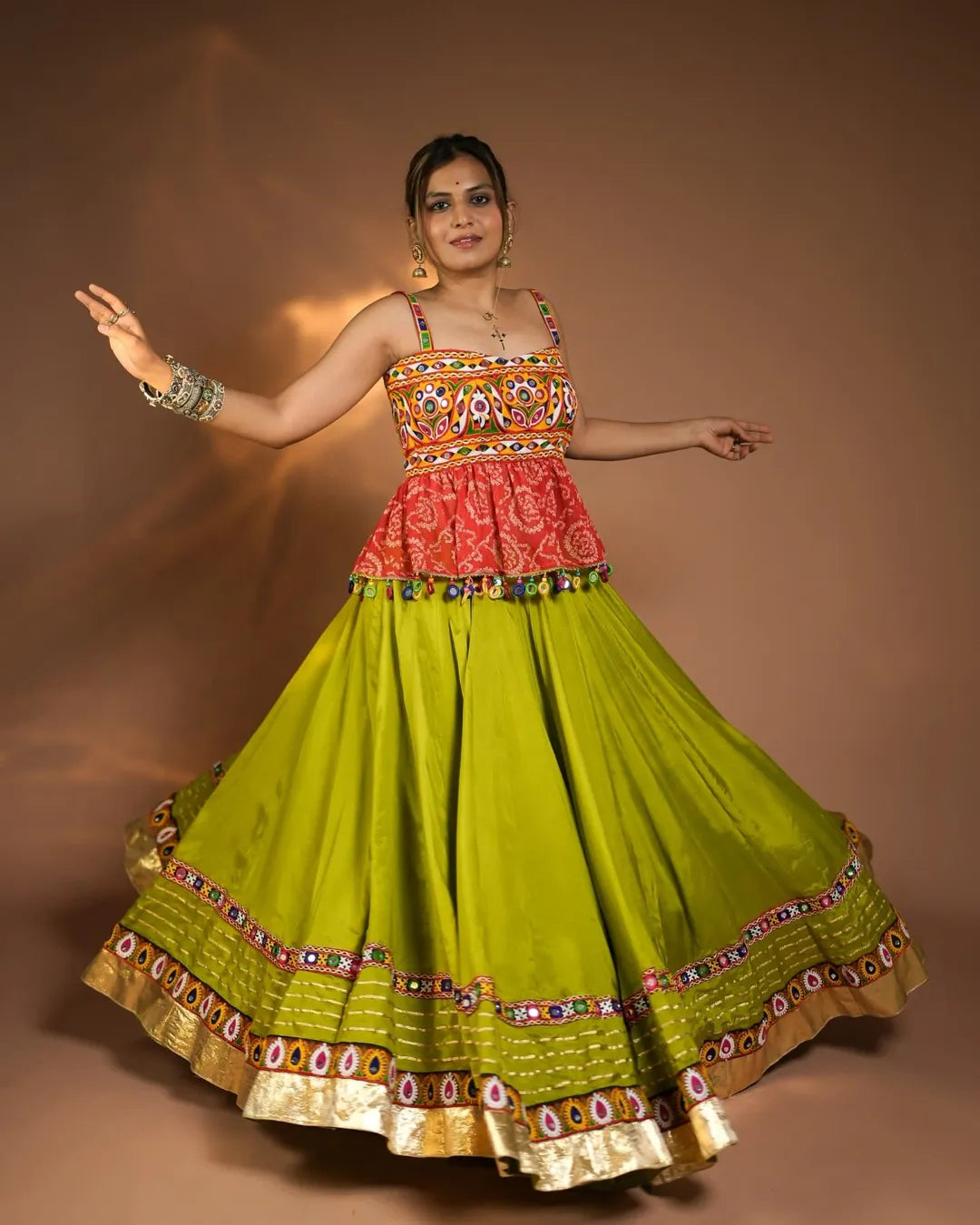 Navya’s Vibrant Lime Green Kutchi Mirror-Work Navratri Lehenga set