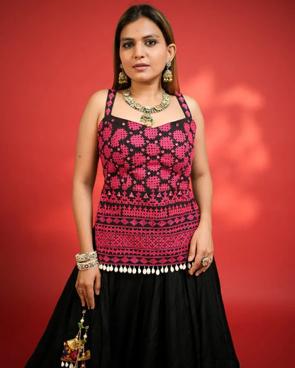 Anvi Black Cotton Silk Kutchi Embroidered Navratri Lehenga set