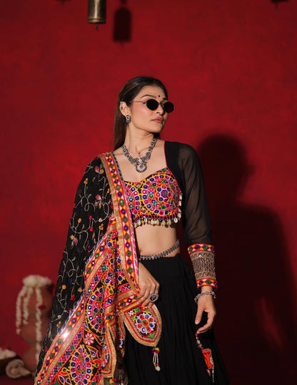 Raas Rani Black Traditional Kutchi Mirror Work Lehenga Choli