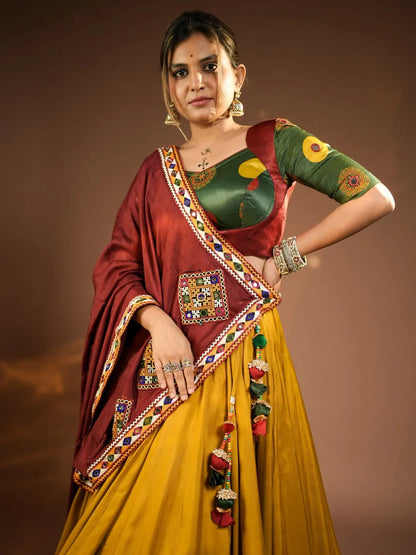 Rajmayuri Mustard Maroon Kutchi Mirror Work Festive Lehenga Set