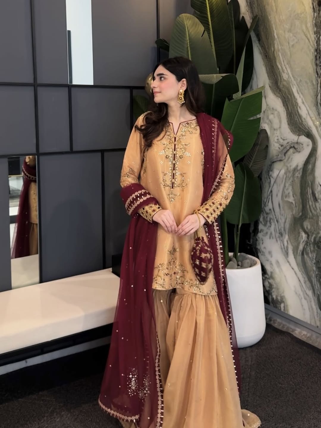 Aarzoo Mustard Gold Sharara Set with Maroon Embroidered Dupatta