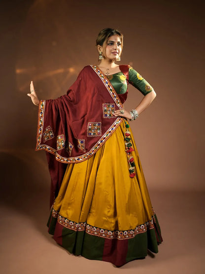 Rajmayuri Mustard Maroon Kutchi Mirror Work Festive Lehenga Set