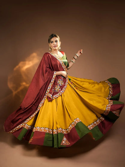 Rajmayuri Mustard Maroon Kutchi Mirror Work Festive Lehenga Set