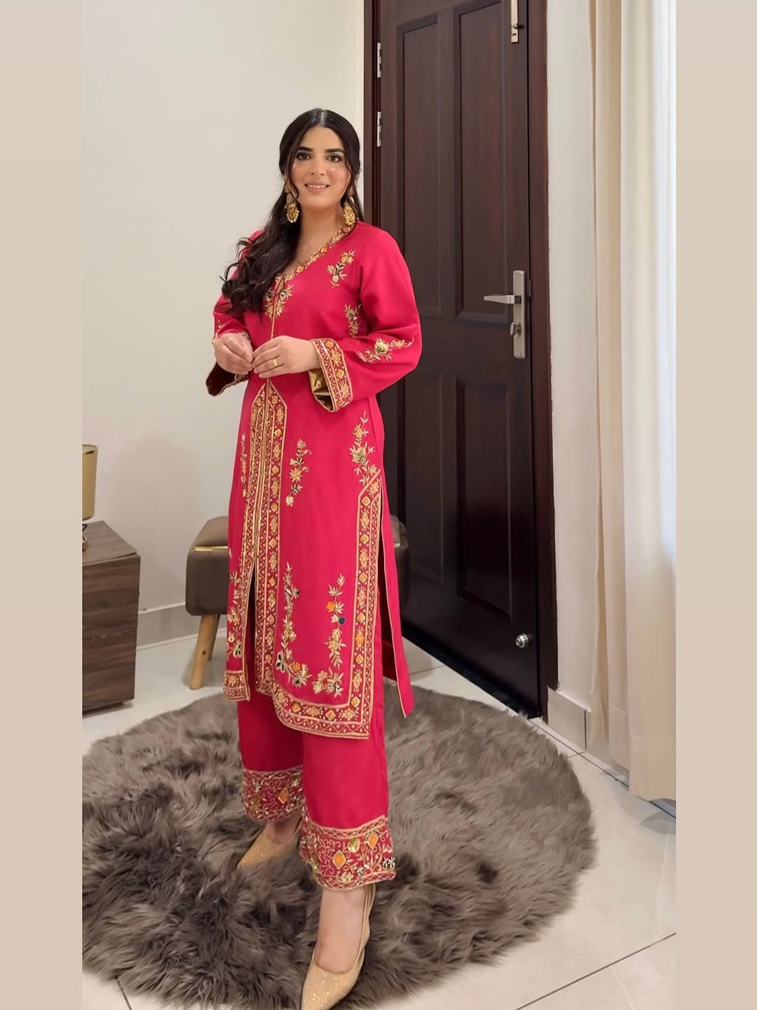 Rani‑Pink Organza Suit with Golden Embroidery & Organza Dupatta
