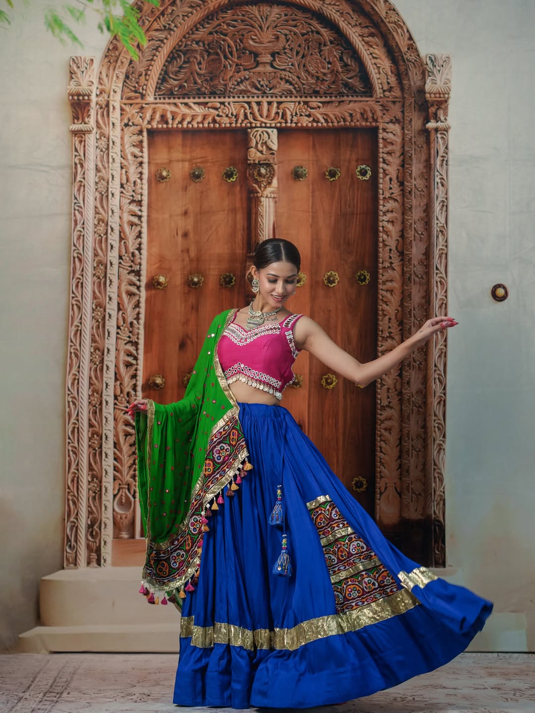 Garba Glam Royal Blue & Pink Mirror Embellished lehenga Choli