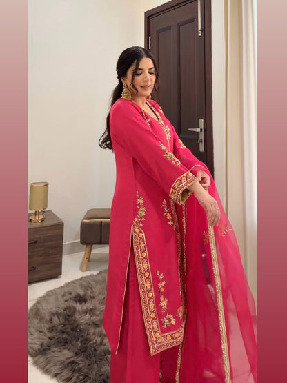 Rani‑Pink Organza Suit with Golden Embroidery & Organza Dupatta