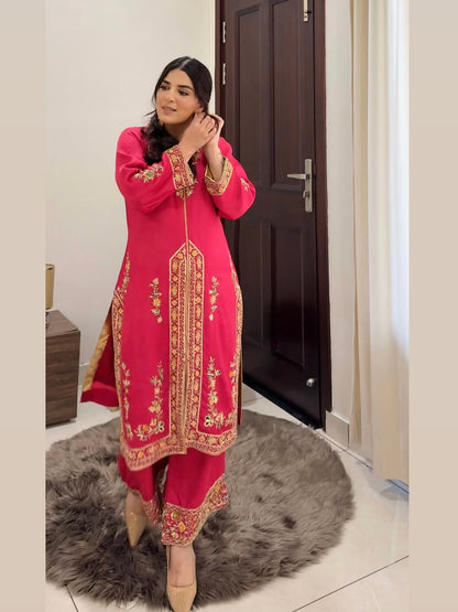 Rani‑Pink Organza Suit with Golden Embroidery & Organza Dupatta