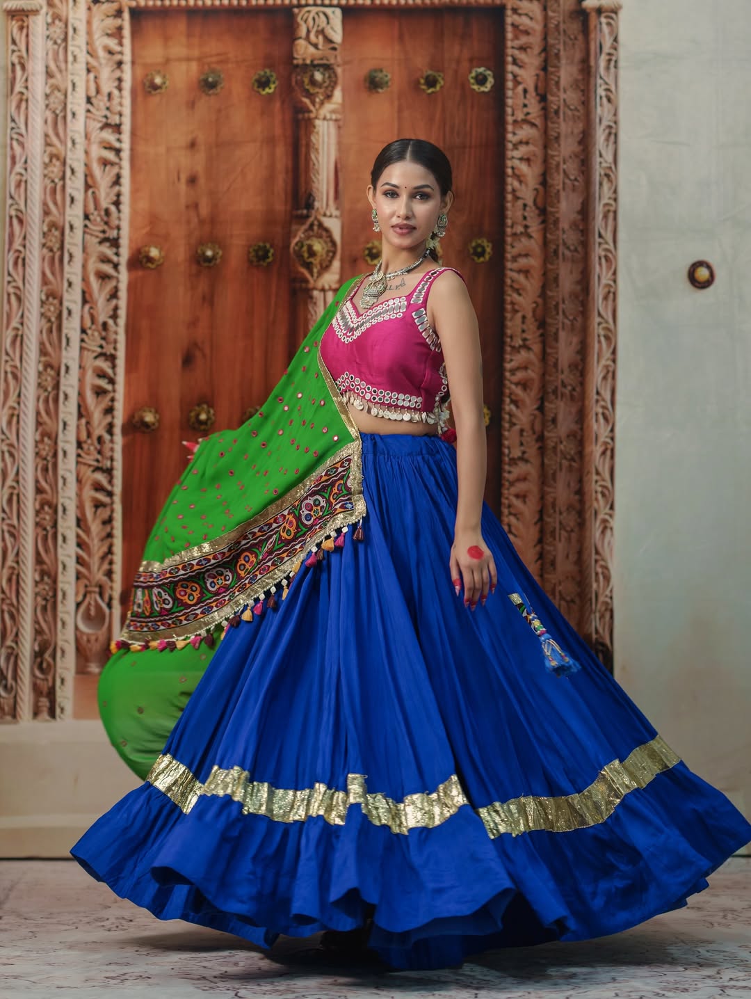 Garba Glam Royal Blue & Pink Mirror Embellished lehenga Choli