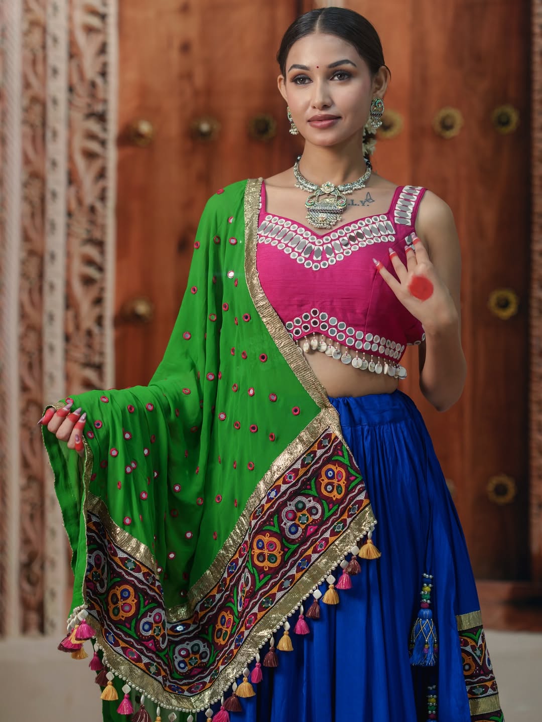 Garba Glam Royal Blue & Pink Mirror Embellished lehenga Choli