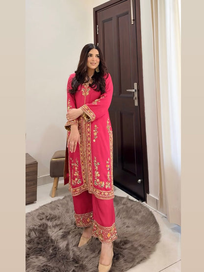 Rani‑Pink Organza Suit with Golden Embroidery & Organza Dupatta