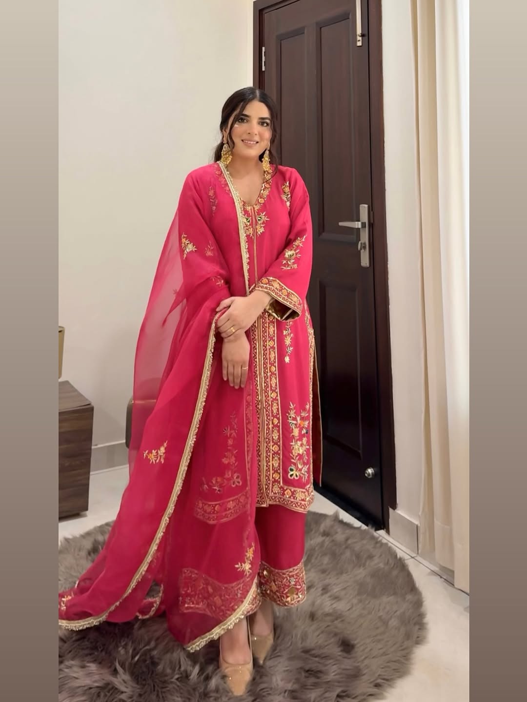 Rani‑Pink Organza Suit with Golden Embroidery & Organza Dupatta