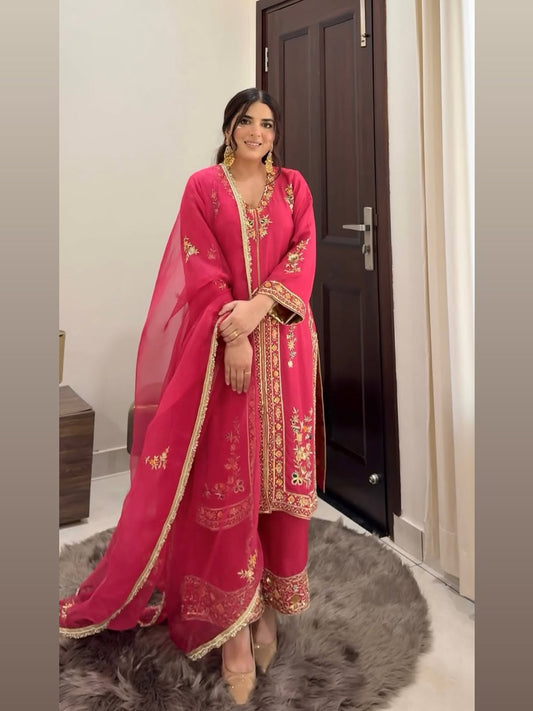 Rani‑Pink Organza Suit with Golden Embroidery & Organza Dupatta
