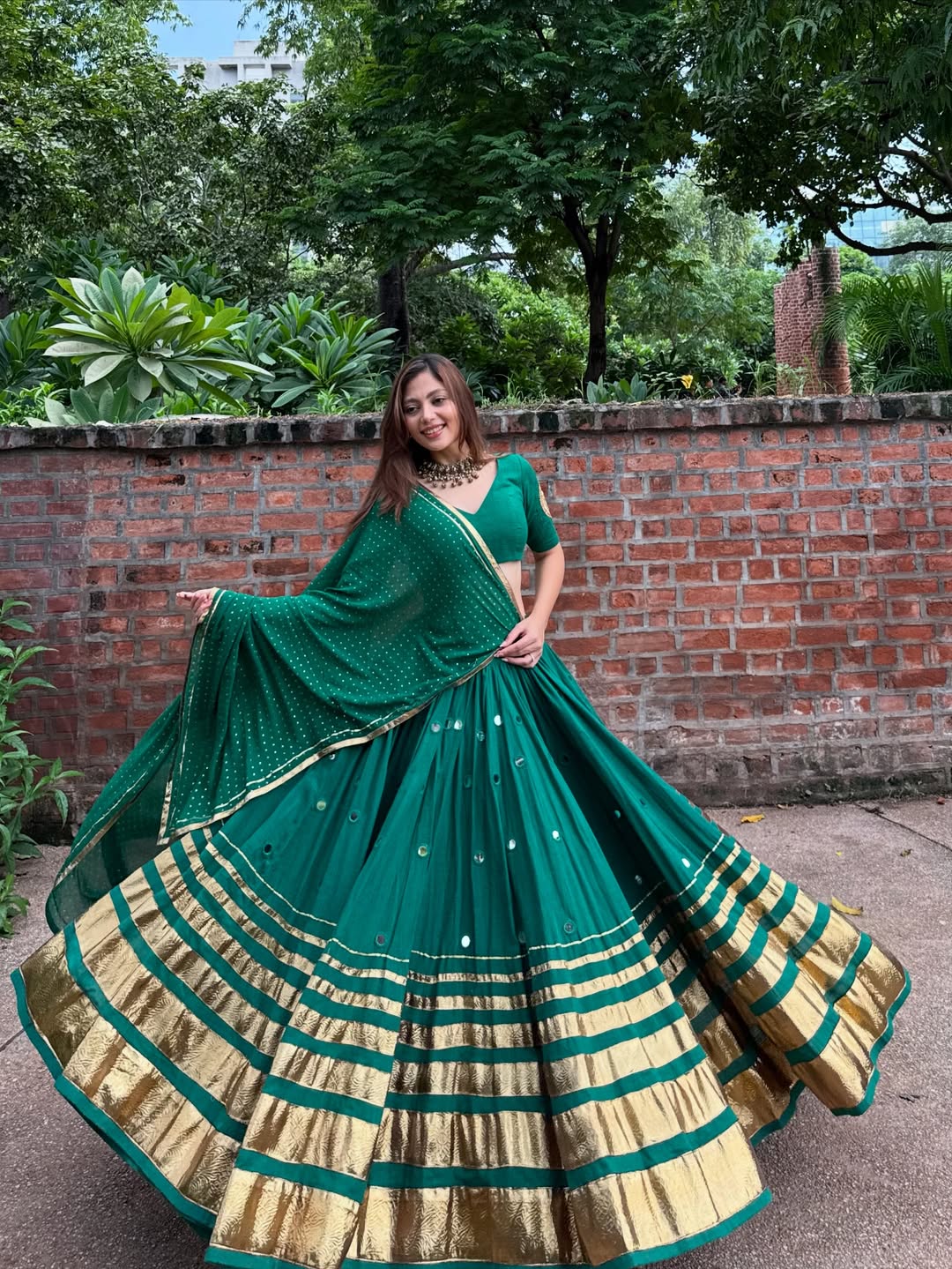 Ananya Green Mirrorwork with Golden Zari Border Lehenga Choli
