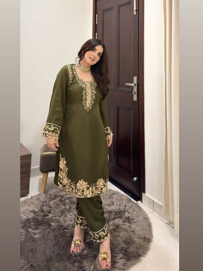 Aanya Olive Royale Embroidered Sharara Suit