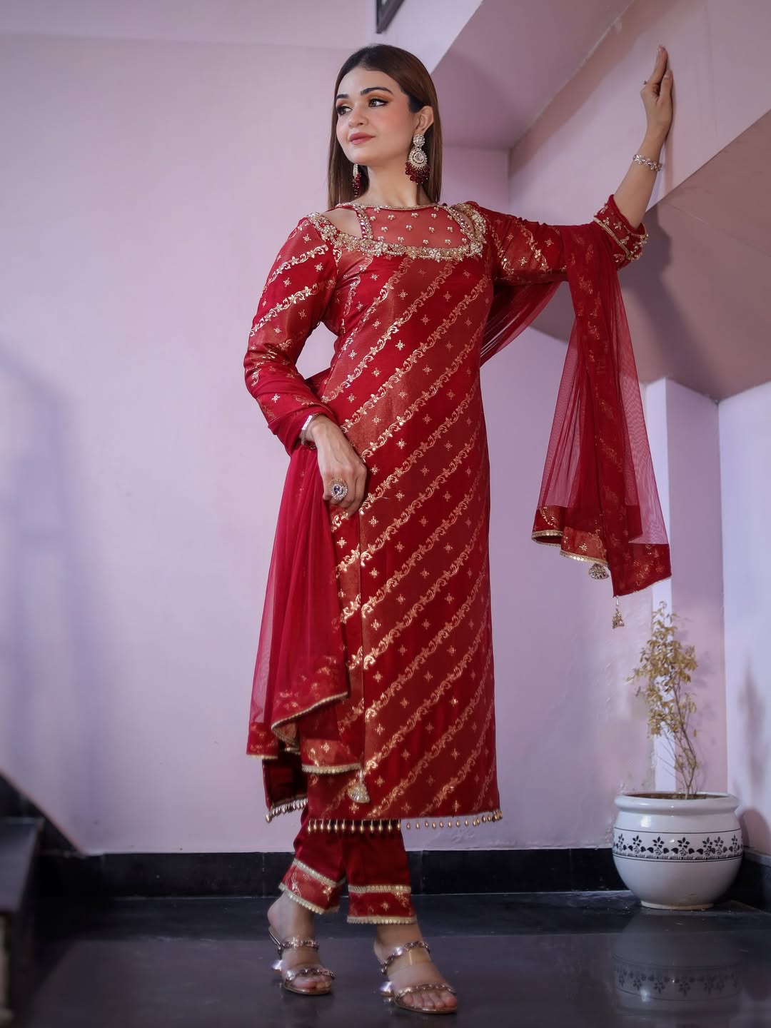 Riya Red Banarasi Silk Straight Suit with Zari Weave & Embellished Neckline