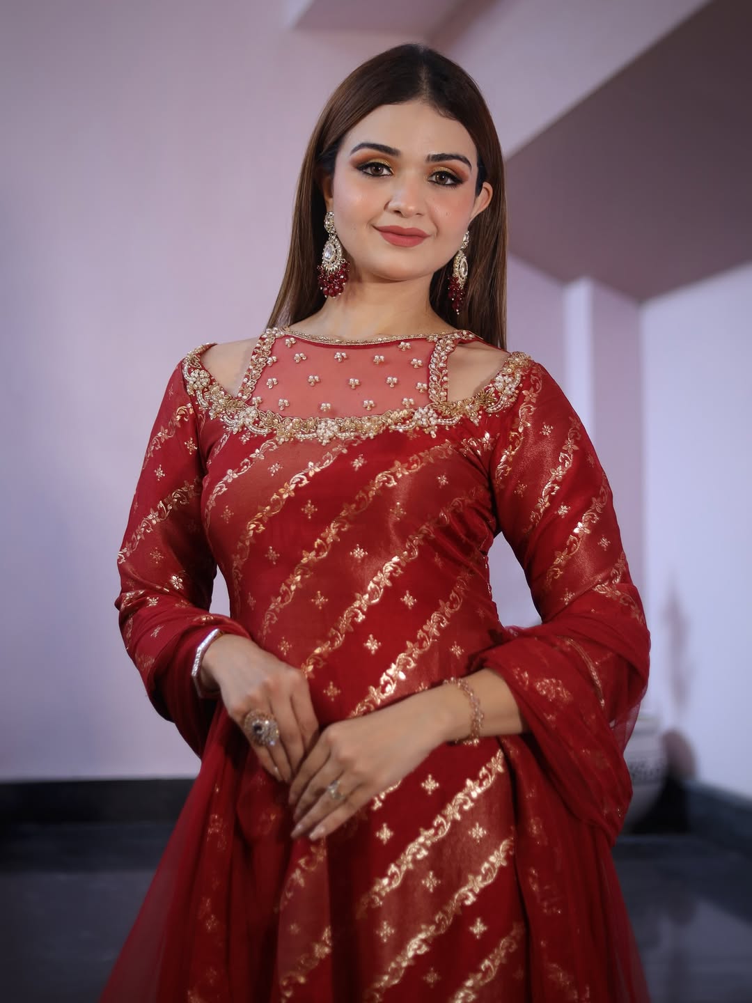 Riya Red Banarasi Silk Straight Suit with Zari Weave & Embellished Neckline