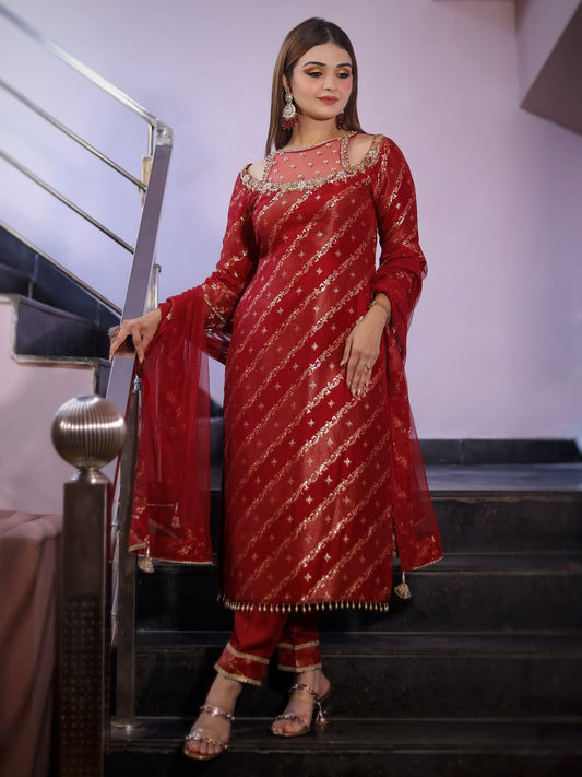 Riya Red Banarasi Silk Straight Suit with Zari Weave & Embellished Neckline