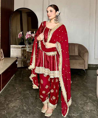 Maroon Raw Silk Short Kurta with Zari Work Salwar & Georgette Dupatta