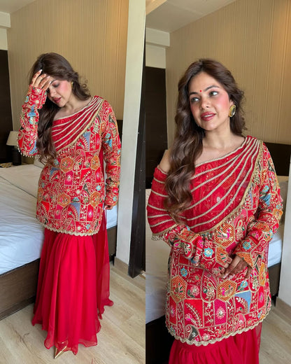 Royal Red Multicolor Embroidered Georgette Sharara Set