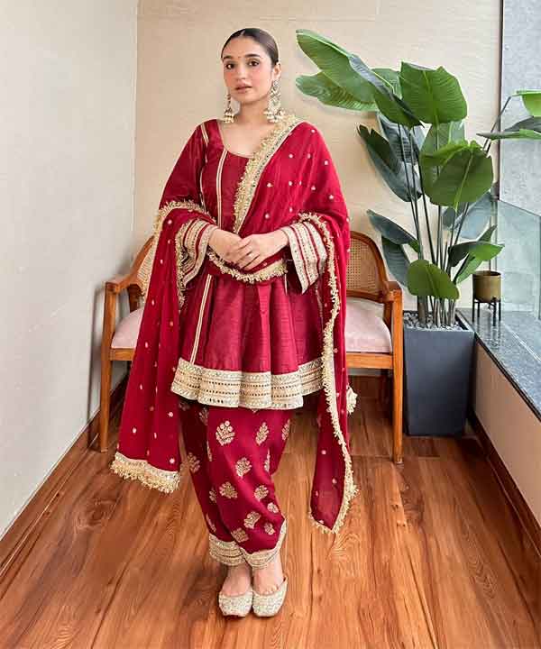 Maroon Raw Silk Short Kurta with Zari Work Salwar & Georgette Dupatta