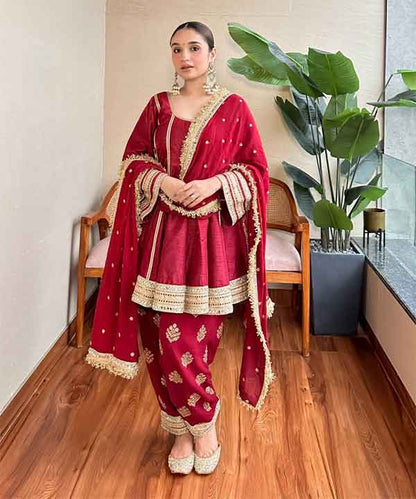 Maroon Raw Silk Short Kurta with Zari Work Salwar & Georgette Dupatta