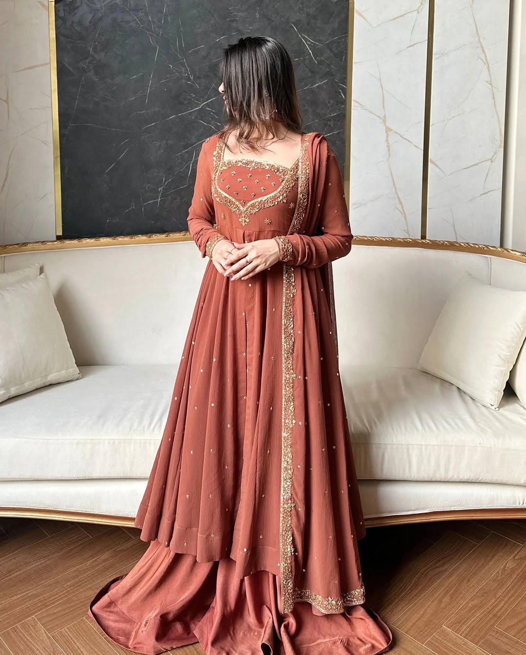Rust Brown Georgette Anarkali Suit