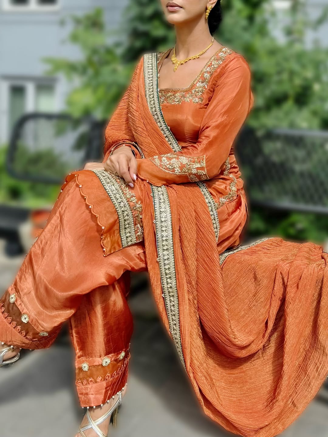 Rust Silk Blend Patiala Suit with Zari & Mirror Work Detailing