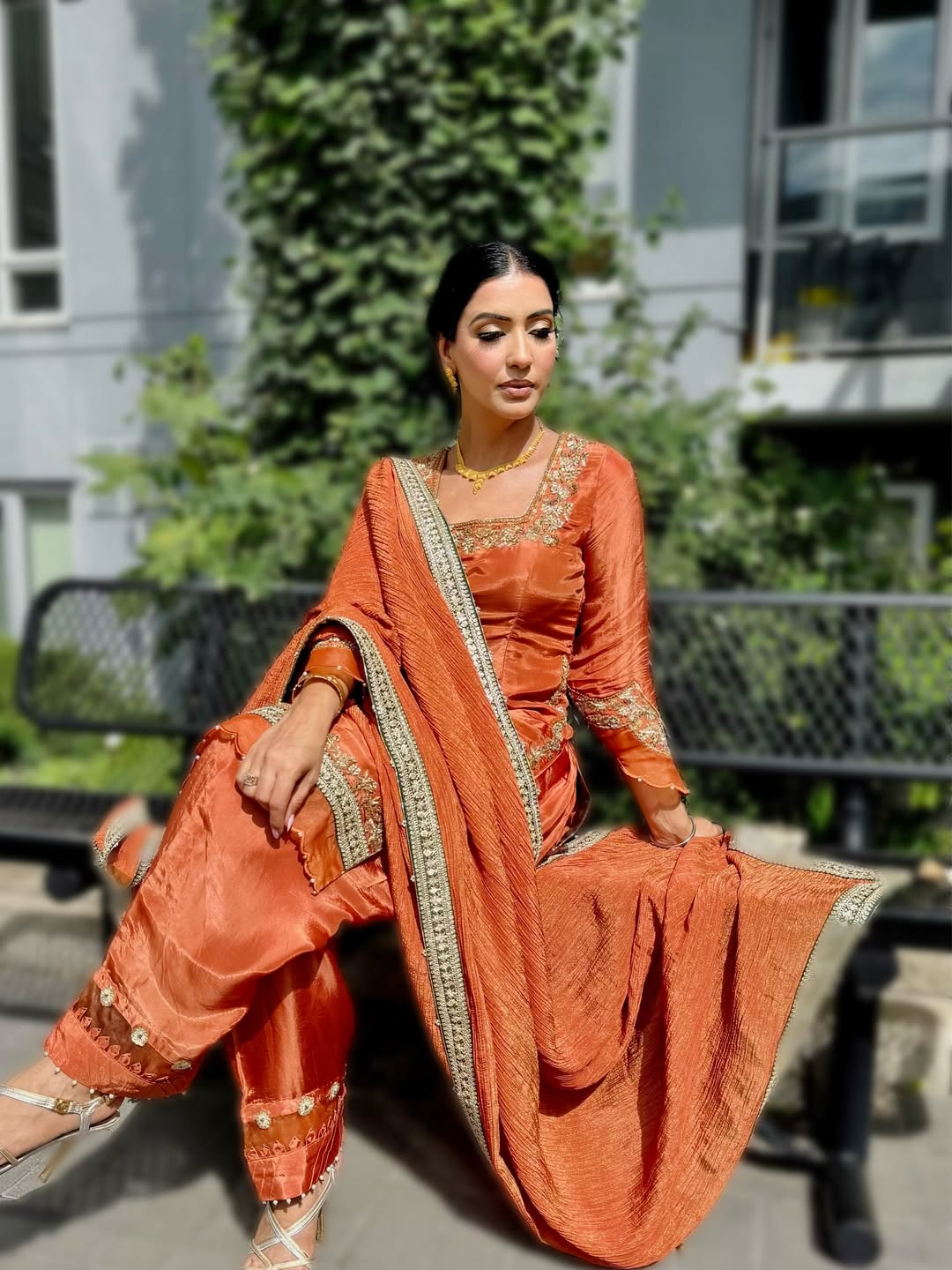Rust Silk Blend Patiala Suit with Zari & Mirror Work Detailing