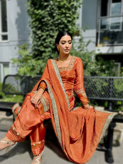 Rust Silk Blend Patiala Suit with Zari & Mirror Work Detailing