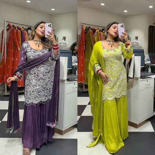 “Designer Georgette Sharara Suit with Heavy White Thread & Sequin Embroidery”