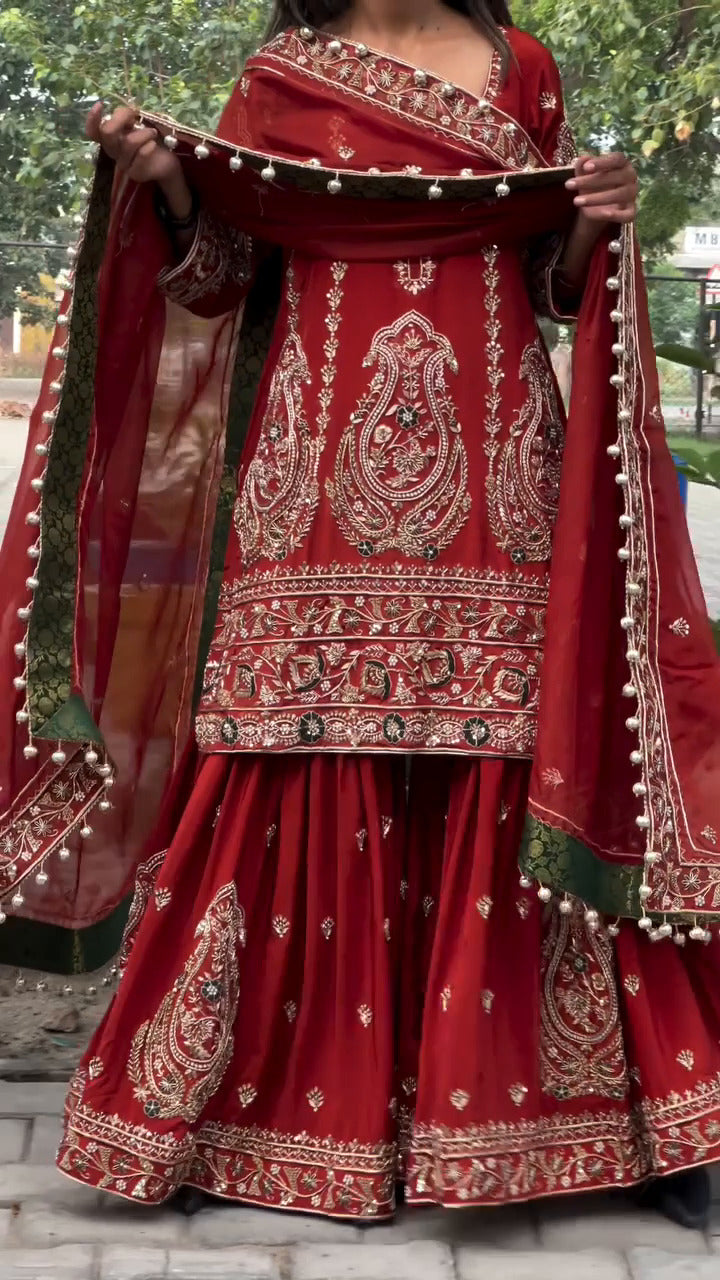 Ayaanah Maroon Heavy Embroidered Sharara Suit