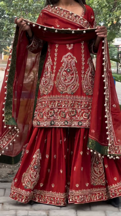 Ayaanah Maroon Heavy Embroidered Sharara Suit