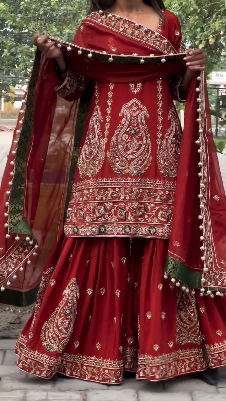 Ayaanah Maroon Heavy Embroidered Sharara Suit