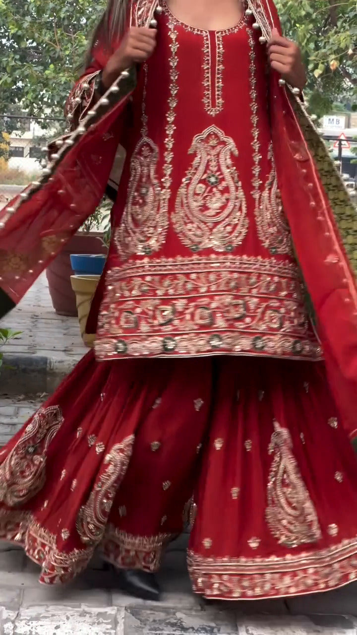 Ayaanah Maroon Heavy Embroidered Sharara Suit