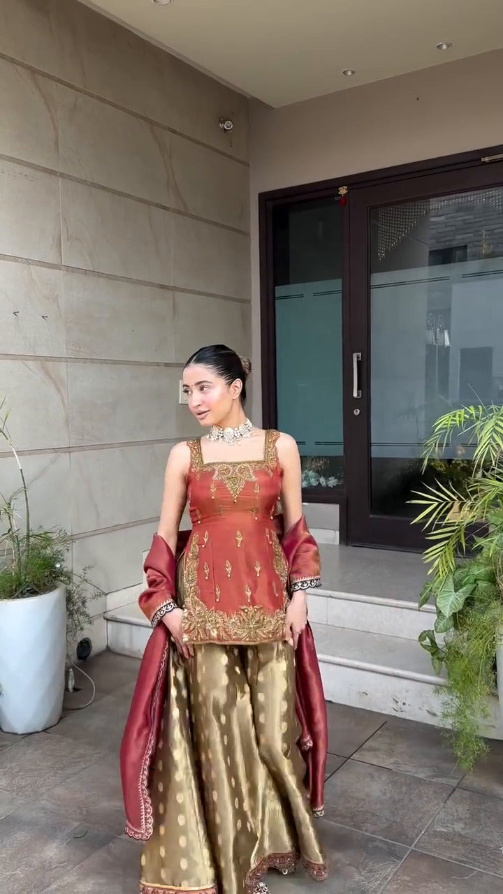Inaaya Rust Red with Golden Banarasi Sharara suit